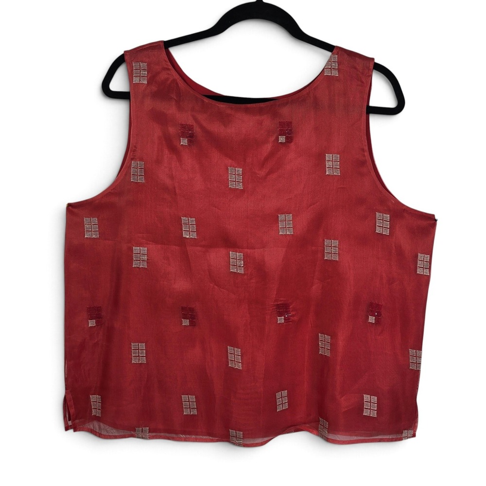 Josephine Chaus Tank Top 16 100% Silk Red Geometric Embroidered Lined Sleeveless